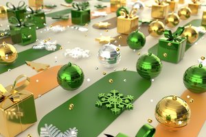 Обои на рабочий стол: графика, зеленые, золотые, коробочки, новый год, подарки, праздник, рендеринг, рождество, снежинки, шарики