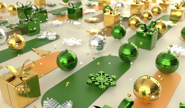 Обои на рабочий стол: графика, зеленые, золотые, коробочки, новый год, подарки, праздник, рендеринг, рождество, снежинки, шарики