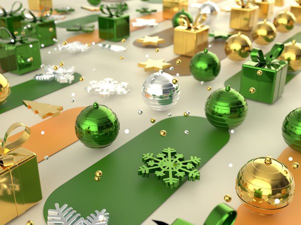 графика, зеленые, золотые, коробочки, новый год, подарки, праздник, рендеринг, рождество, снежинки, шарики