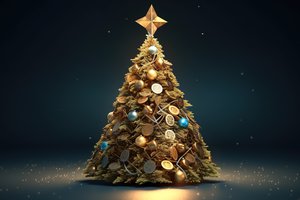 Обои на рабочий стол: balls, christmas, coins, decoration, golden, happy, merry, new year, rendering, tree, елка, монеты, новый год, рождество, шары