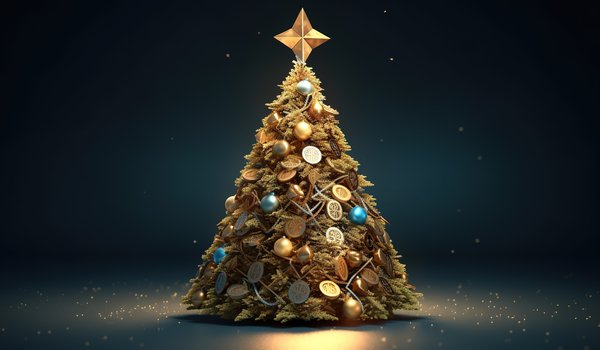 Обои на рабочий стол: balls, christmas, coins, decoration, golden, happy, merry, new year, rendering, tree, елка, монеты, новый год, рождество, шары