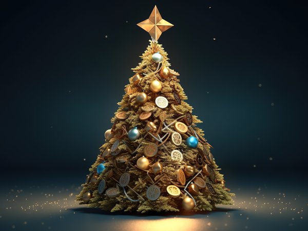 balls, christmas, coins, decoration, golden, happy, merry, new year, rendering, tree, елка, монеты, новый год, рождество, шары