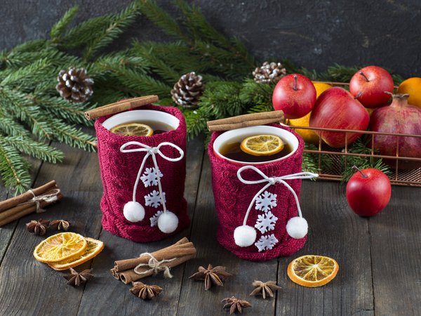 apples, christmas, cookies, cup, decoration, fir tree, merry, new year, snow, tea, ветки ели, новый год, рождество, снег, украшения, яблоки