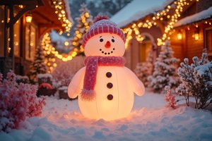 Обои на рабочий стол: christmas, cottage, decoration, house, lights, night, snow, snowman, tree, winter, дом, елка, коттедж, новый год, ночь, рождество, снег, снеговик, украшения