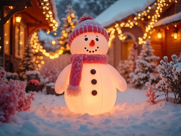 christmas, cottage, decoration, house, lights, night, snow, snowman, tree, winter, дом, елка, коттедж, новый год, ночь, рождество, снег, снеговик, украшения