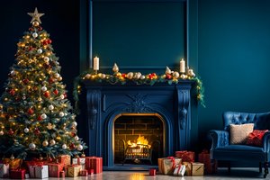 Обои на рабочий стол: christmas, decoration, design, fir tree, fireplace, happy, home, indoor, interior, merry, new year, дом, елка, интерьер, камин, комната, новый год, рождество, украшения, шары