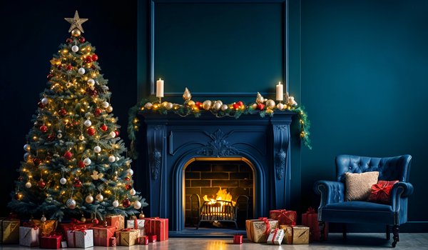 Обои на рабочий стол: christmas, decoration, design, fir tree, fireplace, happy, home, indoor, interior, merry, new year, дом, елка, интерьер, камин, комната, новый год, рождество, украшения, шары