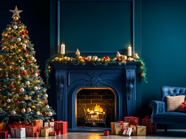christmas, decoration, design, fir tree, fireplace, happy, home, indoor, interior, merry, new year, дом, елка, интерьер, камин, комната, новый год, рождество, украшения, шары
