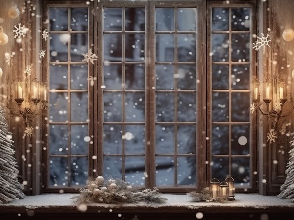 balls, christmas, decoration, fir tree, happy, merry, new year, snow, snowflakes, snowy, tree, window, winter, елка, зима, новый год, окно, рождество, снег, украшения, шары