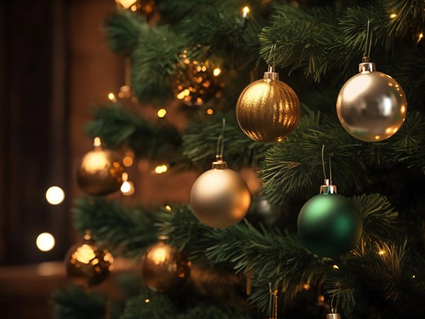 background, balls, bokeh, christmas, decoration, fir tree, golden, happy, merry, new year, tree, елка, новый год, рождество, украшения, фон, шары