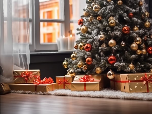 christmas, decoration, interior, tree, window, елка, интерьер, комната, новый год, подарки, рождество, украшения