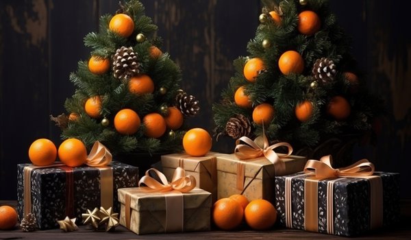 Обои на рабочий стол: christmas, decoration, gifts, happy, merry, new year, tree, елка, комната, мандарины, новый год, подарки, рождество, украшения