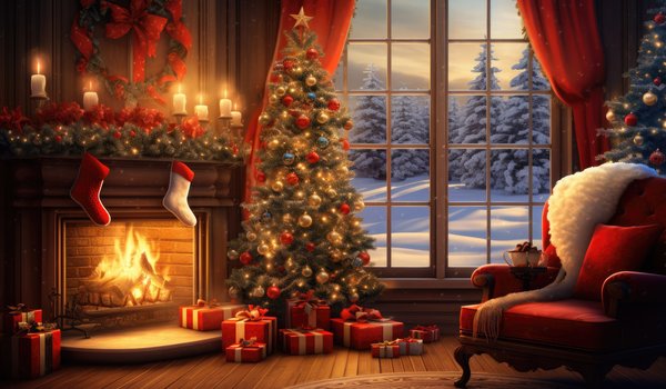 Обои на рабочий стол: christmas, decoration, design, fireplace, gifts, happy, indoor, interior, merry, new year, tree, елка, интерьер, камин, комната, новый год, подарки, рождество, украшения, шары
