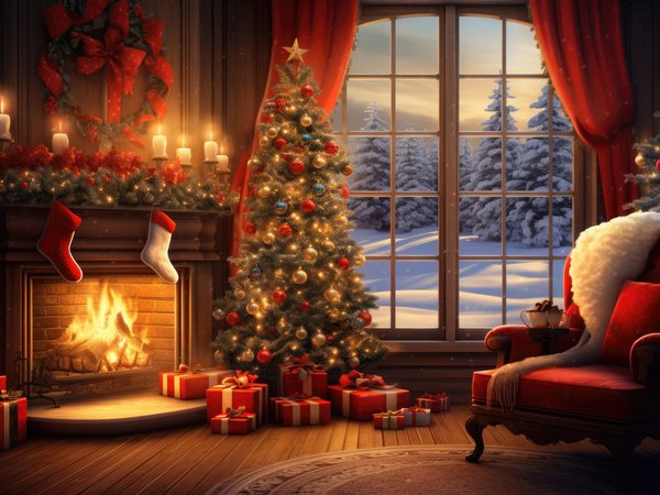 christmas, decoration, design, fireplace, gifts, happy, indoor, interior, merry, new year, tree, елка, интерьер, камин, комната, новый год, подарки, рождество, украшения, шары