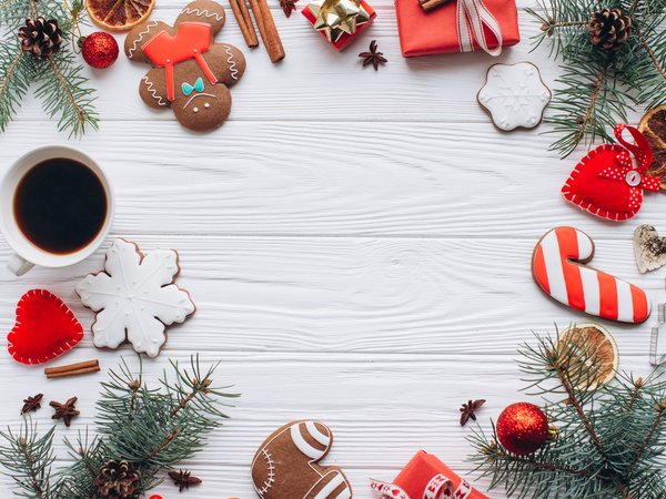 christmas, cookies, decoration, fir tree, gingerbread, merry, new year, wood, ветки ели, новый год, печенье, пряники, рождество, украшения