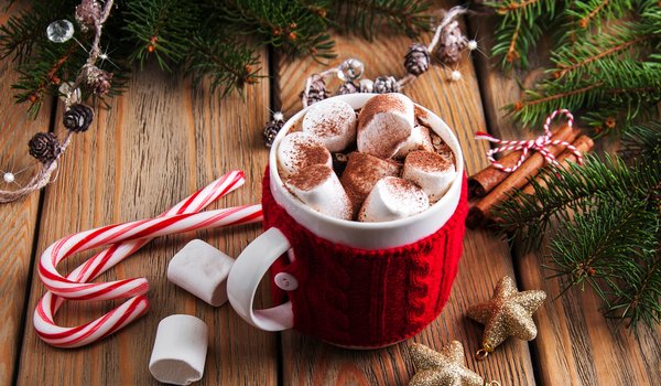 Обои на рабочий стол: christmas, cup, decoration, fir tree, hot chocolate, marshmallow, merry, wood, ветки ели, зефирки, какао, новый год, рождество, украшения
