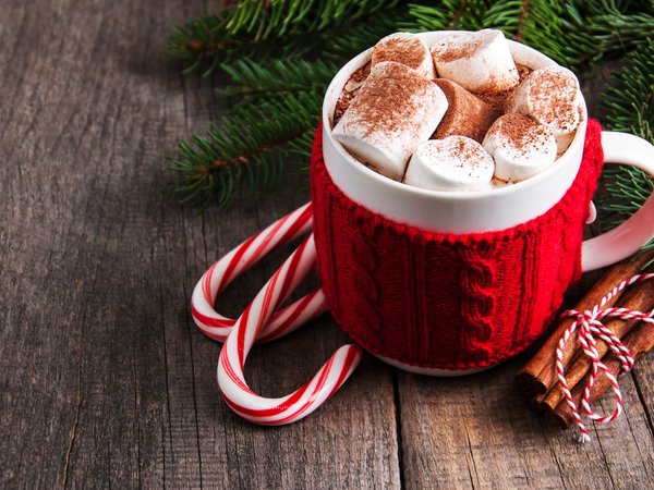 christmas, cup, decoration, fir tree, hot chocolate, marshmallow, merry, wood, ветки ели, зефирки, какао, новый год, рождество, украшения
