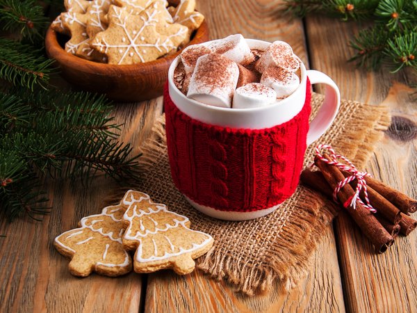 christmas, cookies, cup, decoration, fir tree, gingerbread, hot chocolate, marshmallow, merry, wood, ветки ели, зефирки, какао, новый год, пряники, рождество, украшения