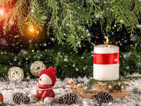 christmas, decoration, fir tree, merry, snow, snowman, winter, wood, ветки ели, игрушки, новый год, рождество, снег, снеговик, украшения
