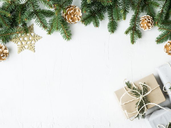 christmas, decoration, fir tree, gift box, merry, new year, wood, Xmas, ветки ели, новый год, подарки, рождество, украшения