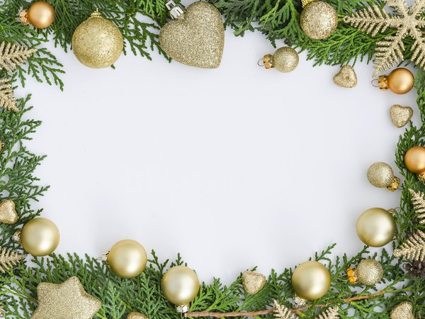 balls, christmas, decoration, fir tree, golden, heart, merry, new year, ветки ели, новый год, рождество, украшения, шары