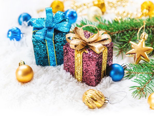 christmas, decoration, fir tree, gift box, happy, merry, new year, snow, ветки ели, новый год, подарки, рождество, снег, украшения