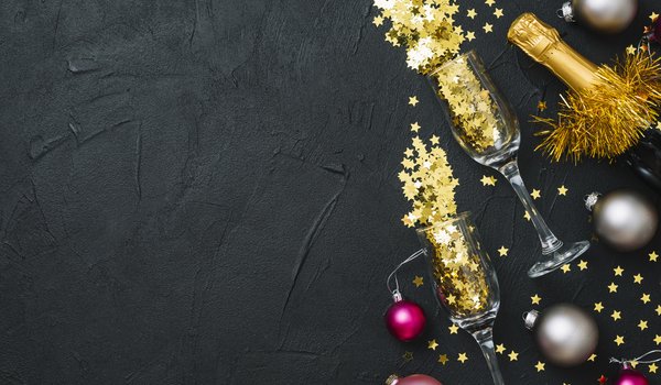Обои на рабочий стол: balls, champagne, christmas, colorful, decoration, merry, new year, Xmas, бокалы, мишура, новый год, рождество, украшения, шампанское, шары
