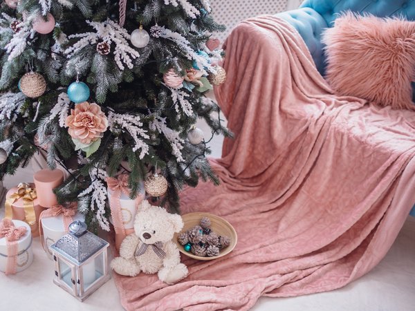 balls, christmas, decoration, design, fir tree, gift, home, interior, merry, new year, pink, room, sofa, teddy bear, елка, новый год, подарки, рождество, украшения, шары
