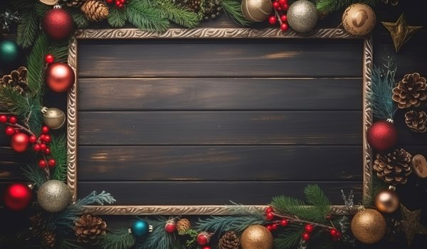 Обои на рабочий стол: background, balls, christmas, decoration, fir branches, frame, golden, happy, merry, new year, wood, ветки ели, новый год, рамка, рождество, украшения, шары