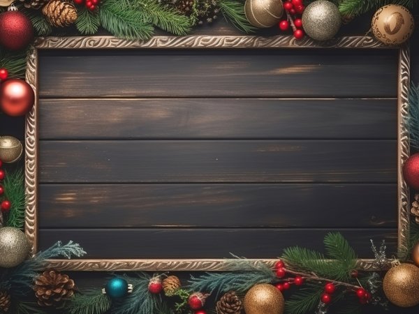 background, balls, christmas, decoration, fir branches, frame, golden, happy, merry, new year, wood, ветки ели, новый год, рамка, рождество, украшения, шары