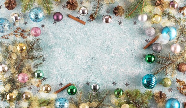 Обои на рабочий стол: balls, christmas, decoration, fir tree, frame, new year, wood, ветки ели, новый год, рождество, украшения, шары