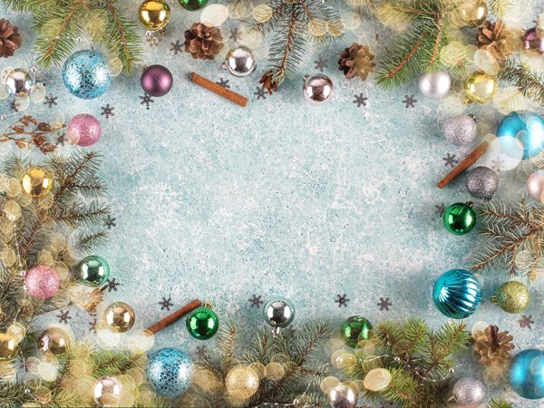 balls, christmas, decoration, fir tree, frame, new year, wood, ветки ели, новый год, рождество, украшения, шары