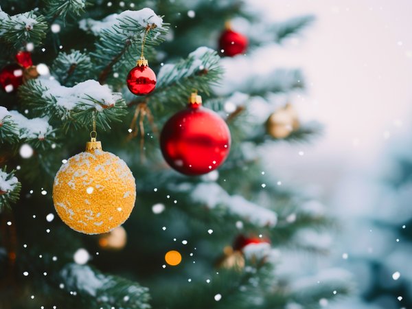 background, balls, bokeh, christmas, decoration, fir tree, happy, merry, new year, red, snow, winter, елка, новый год, рождество, снежинки, украшения, фон, шары