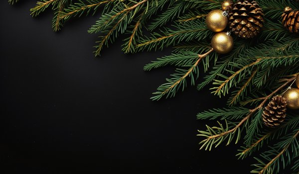 Обои на рабочий стол: background, balls, black, christmas, decoration, fir branches, golden, happy, luxury, merry, new year, ветки ели, новый год, рождество, темный фон, украшения, шары