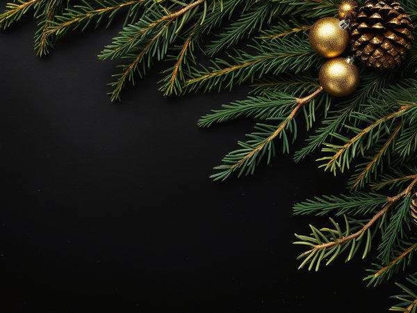 background, balls, black, christmas, decoration, fir branches, golden, happy, luxury, merry, new year, ветки ели, новый год, рождество, темный фон, украшения, шары