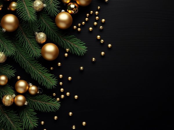 background, balls, black, christmas, decoration, fir branches, golden, happy, luxury, merry, new year, ветки ели, новый год, рождество, темный фон, украшения, шары