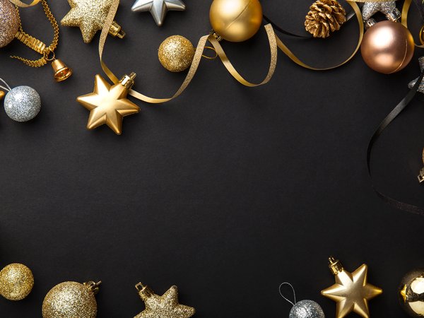 background, balls, black, christmas, decoration, golden, merry, new year, золото, новый год, рождество, украшения, черный фон, шары