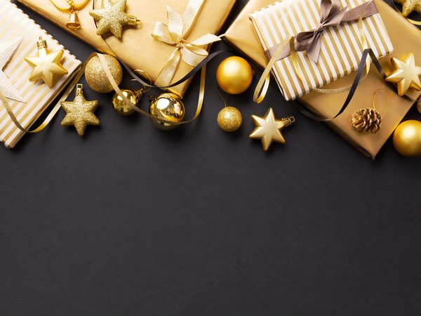 background, balls, black, christmas, decoration, gift box, golden, merry, new year, золото, новый год, подарки, рождество, украшения, черный фон, шары