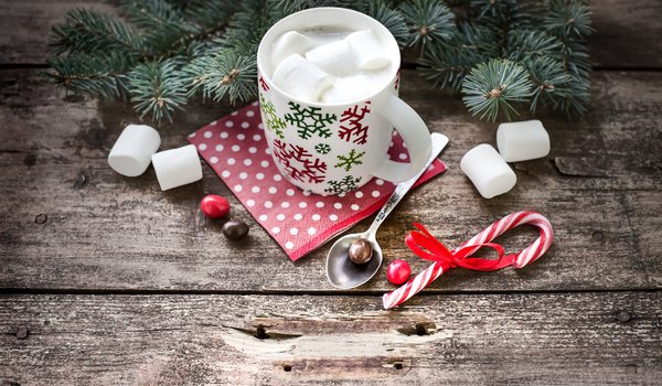 Обои на рабочий стол: chocolate, christmas, cup, decoration, happy, marshmallow, merry christmas, new year, winter, Xmas, елка, зефирки, какао, новый год, рождество, украшения, чашка