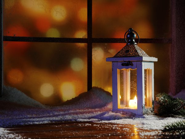 christmas, decoration, lantern, merry christmas, snow, window, winter, Xmas, зима, новый год, окно, рождество, снег, украшения, фонарь
