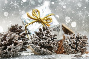 Обои на рабочий стол: decoration, holiday celebration, merry christmas, Xmas, новый год, подарок, рождество, шишки