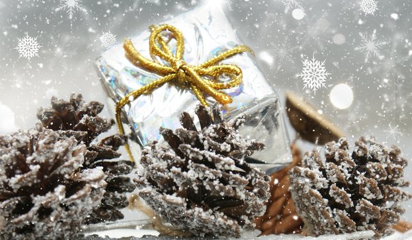 Обои на рабочий стол: decoration, holiday celebration, merry christmas, Xmas, новый год, подарок, рождество, шишки