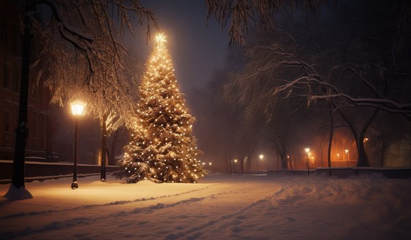 Обои на рабочий стол: christmas, decoration, forest, lights, new year, night, snow, tree, winter, елка, зима, лес, новый год, ночь, рождество, снег