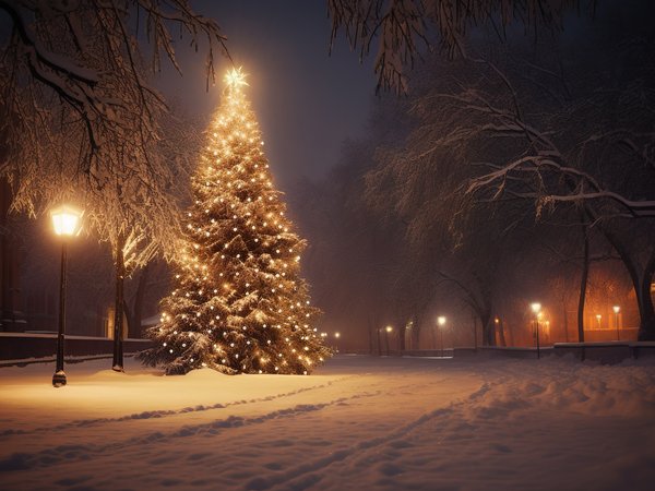 christmas, decoration, forest, lights, new year, night, snow, tree, winter, елка, зима, лес, новый год, ночь, рождество, снег