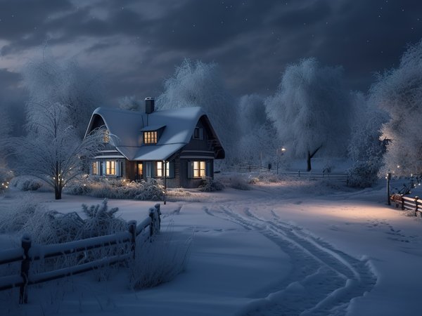 christmas, cottage, decoration, lights, new year, night, rustic, snow, tree, winter, wooden, домик, елка, зима, коттедж, новый год, ночь, рождество, снег