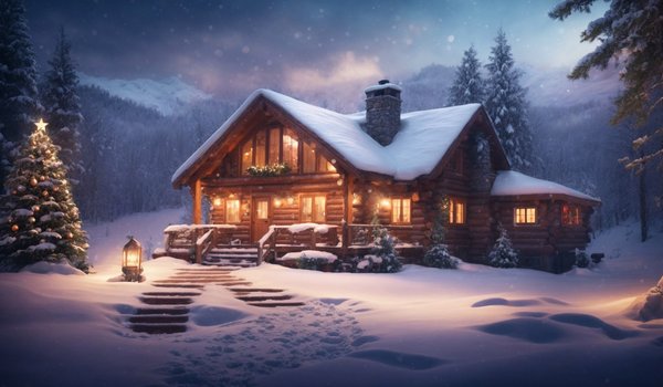 Обои на рабочий стол: christmas, cottage, decoration, frost, lights, new year, night, rustic, snow, tree, winter, wooden, домик, елка, зима, коттедж, мороз, новый год, ночь, рождество, снег
