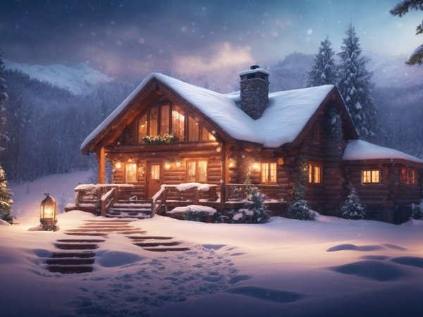 christmas, cottage, decoration, frost, lights, new year, night, rustic, snow, tree, winter, wooden, домик, елка, зима, коттедж, мороз, новый год, ночь, рождество, снег