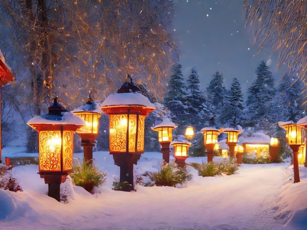 christmas, decoration, lantern, night, snow, winter, зима, новый год, ночь, рождество, снег, фонарь