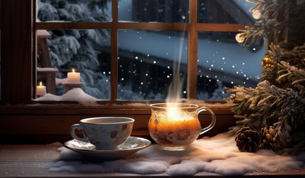 Обои на рабочий стол: candle, christmas, cozy, cup, decoration, new year, night, snow, snowflakes, tree, window, winter, елка, зима, новый год, ночь, окно, подоконник, рождество, свеча, снег, снежинки, чашка