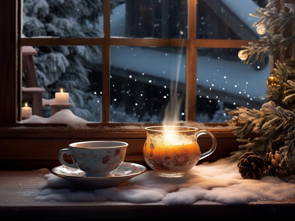 candle, christmas, cozy, cup, decoration, new year, night, snow, snowflakes, tree, window, winter, елка, зима, новый год, ночь, окно, подоконник, рождество, свеча, снег, снежинки, чашка